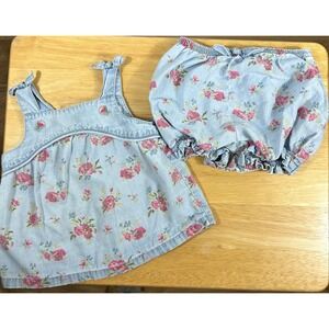 Janie and Jack Chambray Set Baby Girls 6-12M Blue Floral Top Bloomer Shorts Set